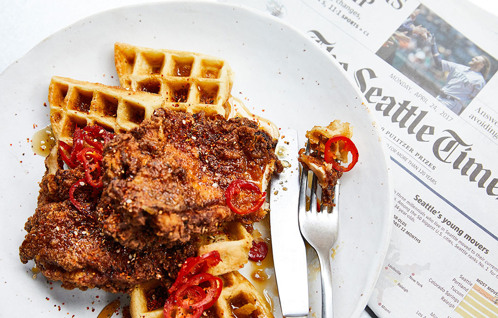 kimpton seattle outlier restaurant chicken waffles newspaper